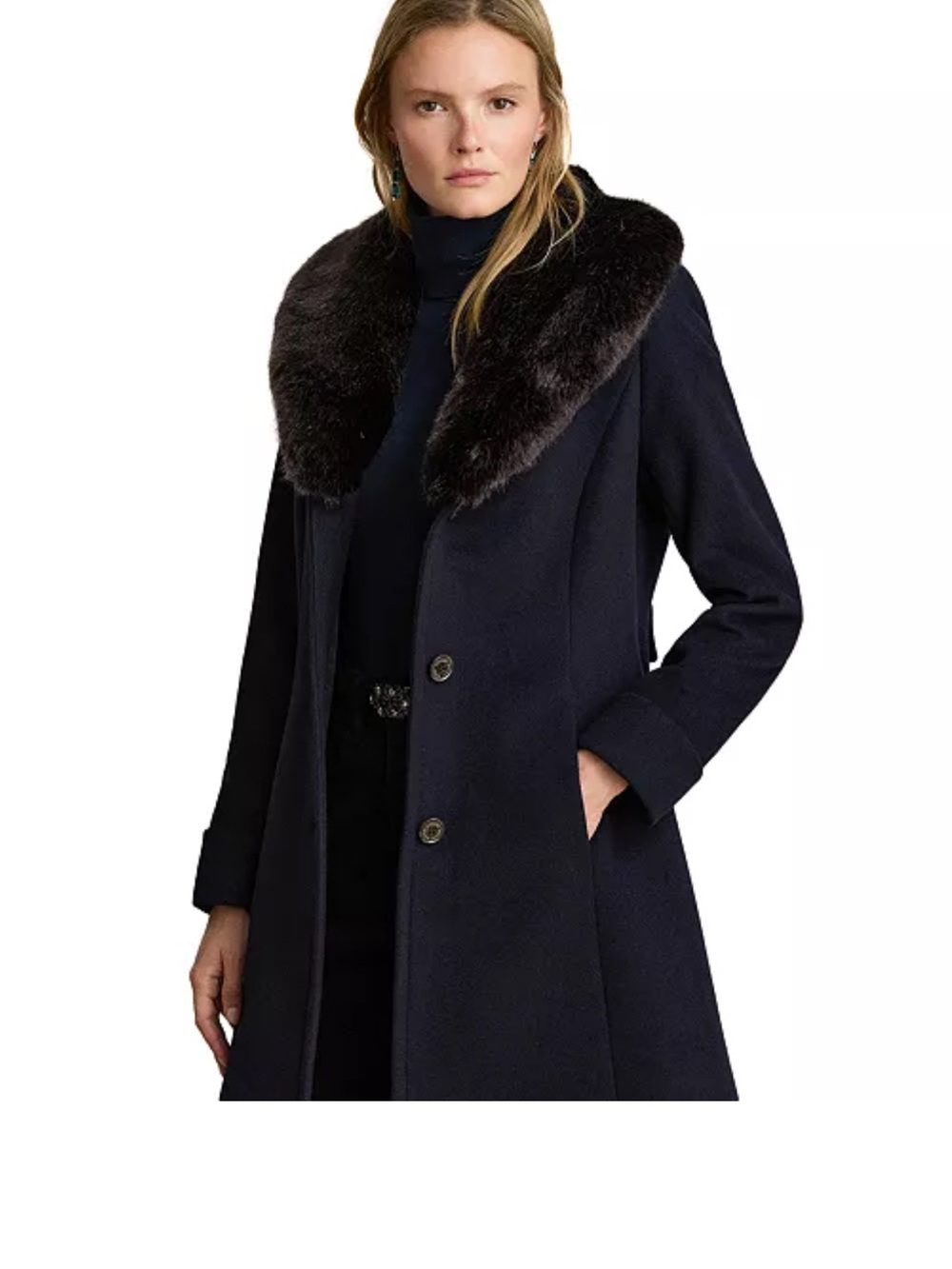Ralph Lauren Navy Pea Coat with Plush Dark Fur Collar